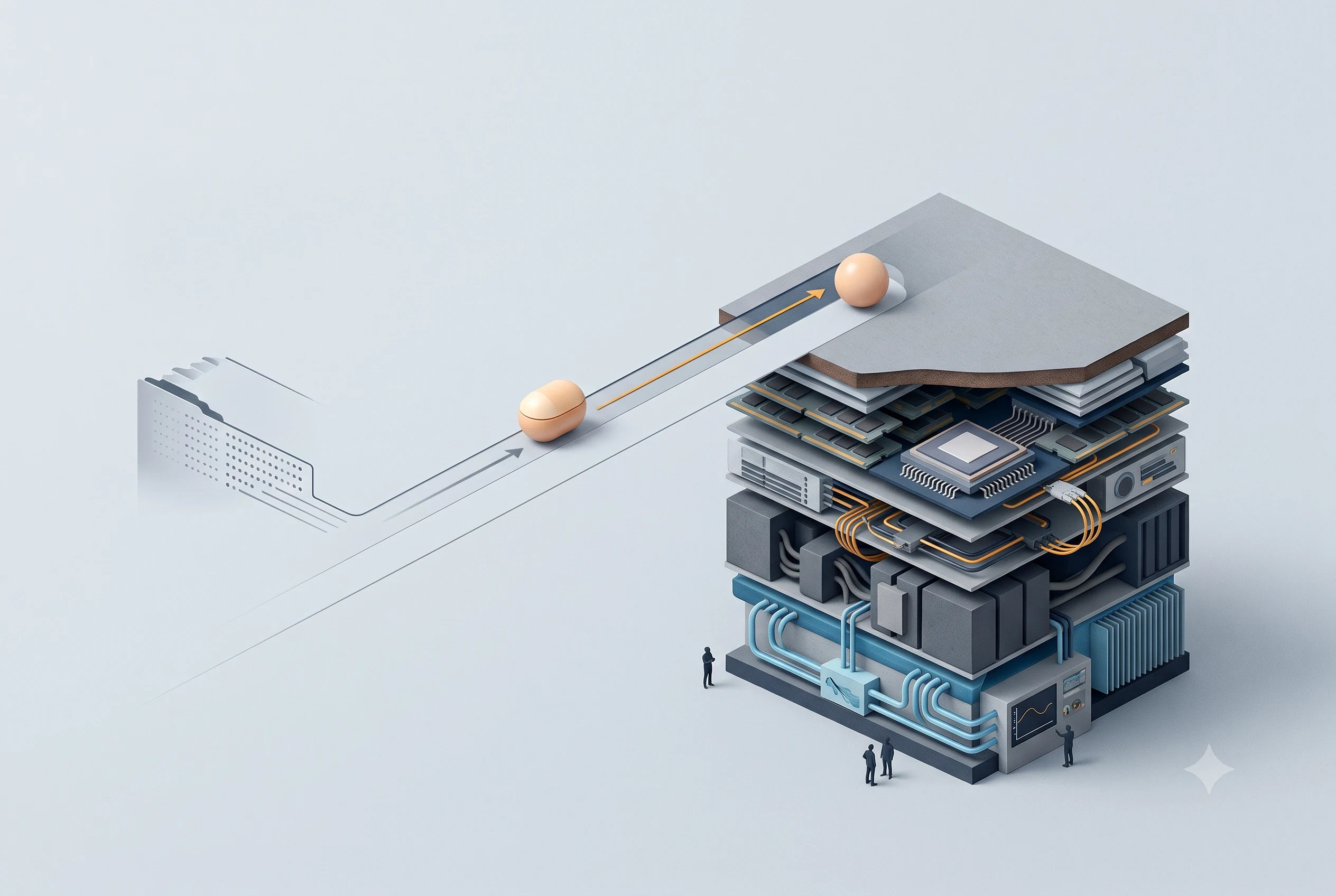 An orange sphere, shown at two points along a track, moves from a small white device toward a towering computer stack with chips, cables, cooling pipes, and people.